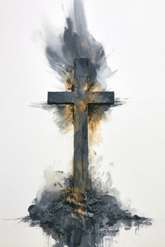 A dark cross with shades of gray and brown on a light background. Smoky strokes radiate from the cross, creating a textured look