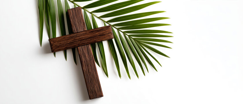 A dark brown wooden cross is placed against a white surface next to a green palm leaf. The cross is slightly tilted to the left and centered in the scene