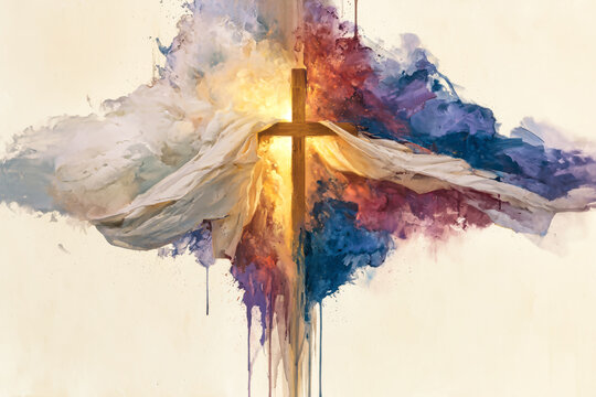 A wooden cross stands at the center with white fabric flowing around it, blending into splashes of colorful watercolor in a light background