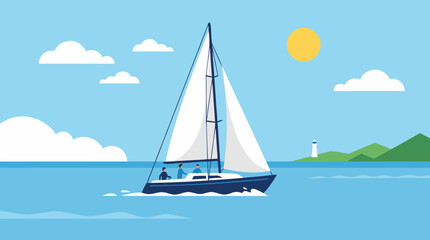 Naklejka premium Sailboat with Passengers Gliding on Calm Blue Ocean Under Sunny Sky with Lighthouse, Green Hills and Clouds, Flat Vector Illustration for Summer Vacation, Maritime Travel and Nautical Lifestyle Design