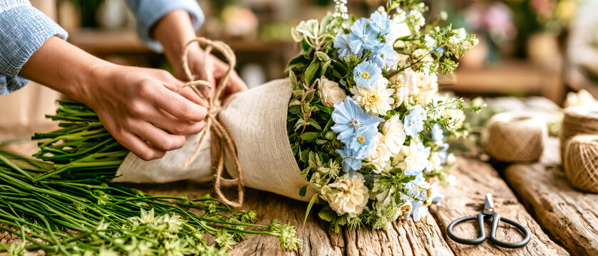 A person ties a bouquet of blue and white flowers using twine in a flower shop during the afternoon hours. Greenery surrounds the workspace