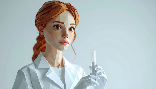 Low Poly Illustration of a Young Female Scientist Holding a Test Tube for Medical Research and Laboratory Analysis