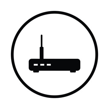 Wireless router icon in a circle against a white background representing digital connectivity and network technology