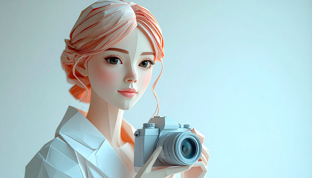 Stylized 3D Papercraft Portrait of a Female Photographer Holding a Camera Against a Minimalist Soft Background