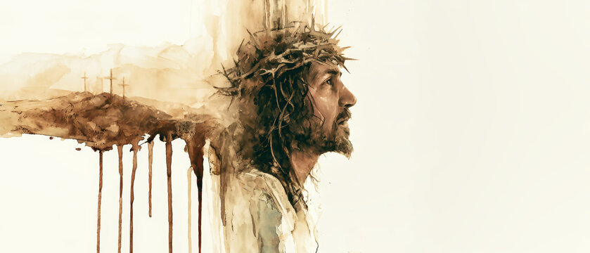 The artwork shows Jesus Christ in profile, wearing a crown of thorns. In the background, there are three crosses on a hill with brown paint drips