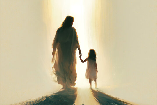 Jesus and a small child walk together into a bright light. Their silhouettes stand out against a light beige background, holding hands in a moment of connection
