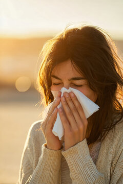 A woman with dark hair sneezes into a white napkin. Her eyes are closed tight in response to the allergy triggered in a bright, airy setting