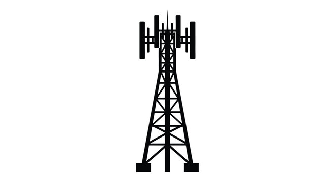 A stark black silhouette of a cellular telecommunications tower against a white background