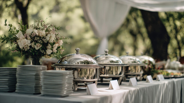 A table is set with metal buffet dishes and stacks of plates. A flower arrangement sits on the table. There are signs for different food options