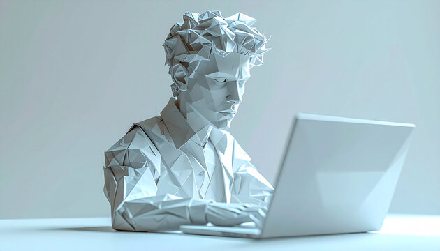 Abstract Low Poly Origami Person Working on a Laptop Computer Representing Digital Innovation and Modern Technology Concepts