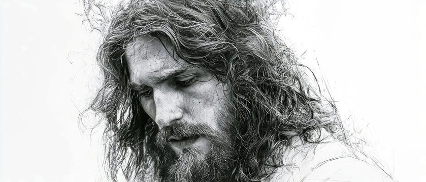 Sketch shows Jesus Christ with long hair and beard looking down and to the right. Crown of thorns is lightly drawn above his head