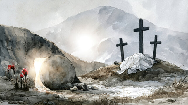 Bright light beams from an empty tomb with a stone rolled away. Three crosses stand on a hill with flowers nearby, set against misty mountains