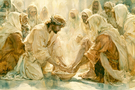 Jesus washes the feet of his disciples, showing care and service. The setting captures a moment of connection and teaching during their time together