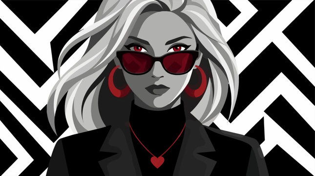 Striking High Contrast Flat Design Vector Illustration of a Woman with Long Flowing Hair, Wearing Sunglasses and Red Hoop Earrings, Against a Bold Geometric Black and White Background