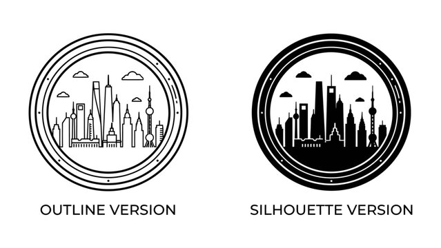 Cityscape Emblem: A circular emblem featuring a modern cityscape, presented in both outline and silhouette versions, symbolizing urban development and architectural design.