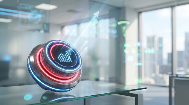 Recession recovery planning concept, glowing red business symbol in modern office