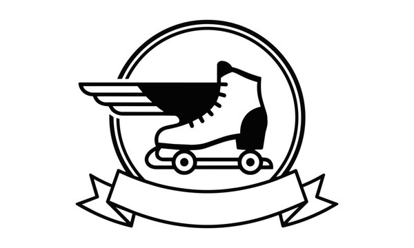 Minimalist emblem featuring a classic speed skate with an elegant aerodynamic wing inside a circular frame with a decorative banner isolated sports concept