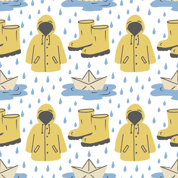 Cute rainy seamless pattern with yellow raincoats and raindrops. Autumn vector background.