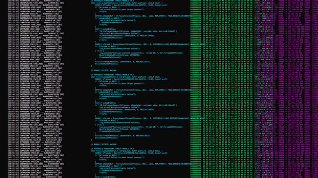Computer terminal code with multicolor hex data scrolling and digital glitch interference on black background for cybersecurity visual