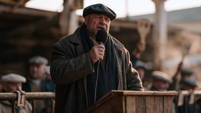 A broad shouldered Hungarian livestock auctioneer calls bids from a raised timber podium at an autumn cattle market, microphone in hand, buyers in flat caps raising numbered