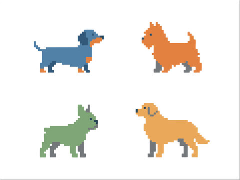 Retro Pixel Art Dog Breeds and Domestic Pets Icons Set Vector