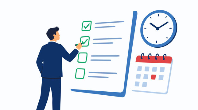 Businessman in blue suit checking off completed tasks on giant floating checklist with clock and calendar, representing time management, productivity and successful project completion in modern