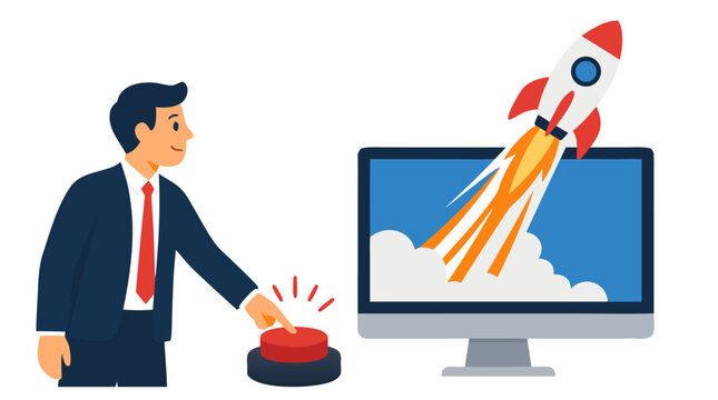 Businessman in suit pressing red launch button with rocket taking off from computer monitor, symbolizing startup launch, business growth, technology innovation and digital success in corporate world.
