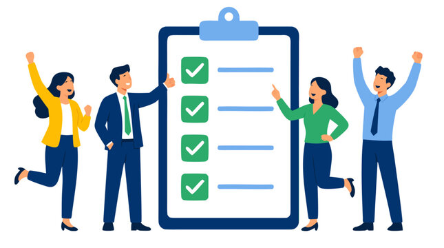 A team of happy business people celebrating success next to a giant clipboard with a completed checklist featuring green checkmarks, symbolizing project completion and goal achievement in a corporate