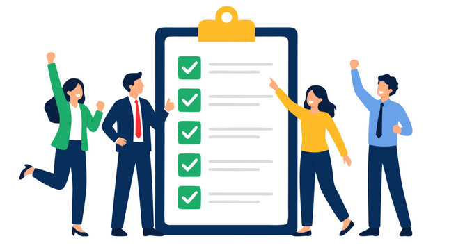 A team of happy business people celebrating success next to a giant clipboard with a completed checklist featuring green checkmarks, symbolizing project completion and teamwork in a corporate