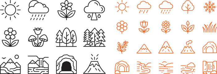 Fototapeta premium Nature and weather line icon set featuring sun rain forest mountains and flowers vector illustration