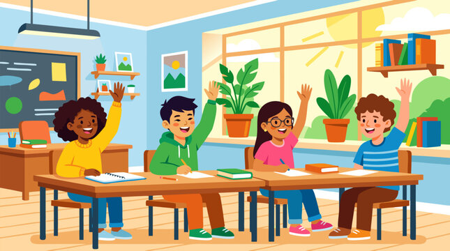 Diverse group of happy students raising hands eagerly in a bright sunlit classroom with green plants and books, illustrating active learning and engagement in education for school and university