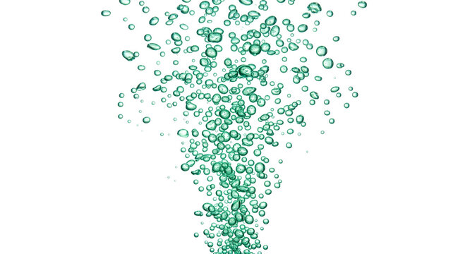 Abstract pattern of rising green bubbles against a clean white background
