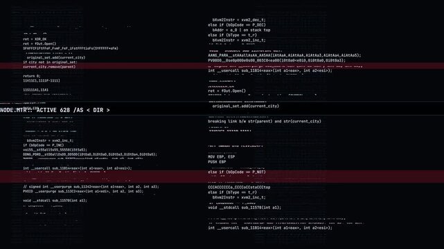 Terminal screen hex data scrolling with red cyan digital glitch interference and scanlines