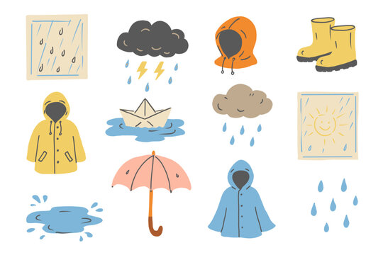 Cute hand drawn autumnal set with rainy weather elements includes puddles, lightning, clouds, umbrella, raindrops, raincoats.