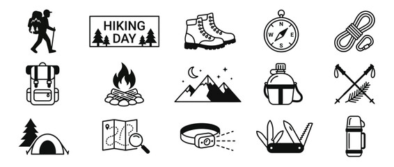 Hiking Gear Icons Set: Backpack, Tent, Boots, Compass, Map, Campfire, Mountains © Nesa Fadilah