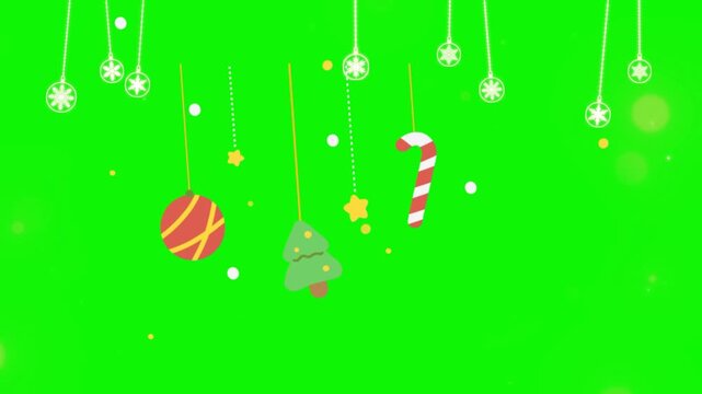 Christmas ornaments including a candy cane, pine tree, and round baubles hang from strings against a bright green background that is perfect for seasonal holiday promotional material designs.