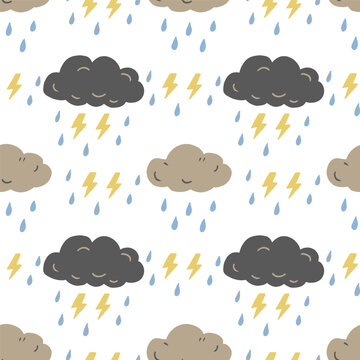 Cute rainy seamless pattern with storm clouds, puddles and raindrops. Autumn vector background.
