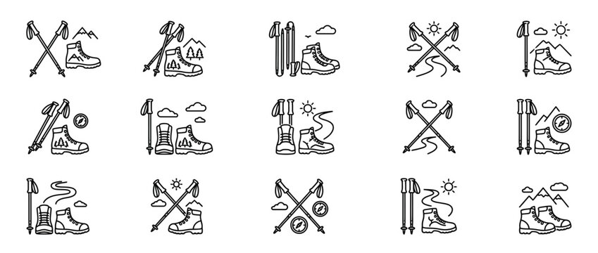 Hiking Gear Icons Set: Boots, Poles, Compass, Mountains, Trails