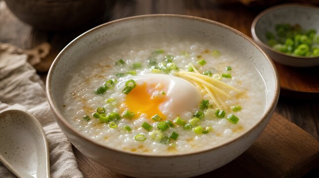 Steaming bowl of creamy rice porridge topped with soft egg, scallions and ginger on a wooden table, suited for Asian comfort food menus or recipes.