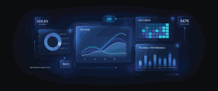 Neon Blue Data Visualization Dashboard on Dark Background with Graphs and Charts