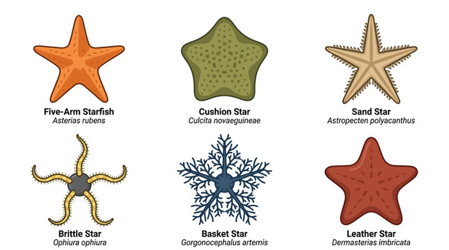 Vector illustration of various starfish species with names.