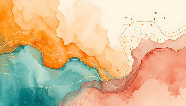 Abstract Watercolor Background with Faint Digital Branching Patterns and Light Lines in Turquoise, Marigold, and Dusty Rose