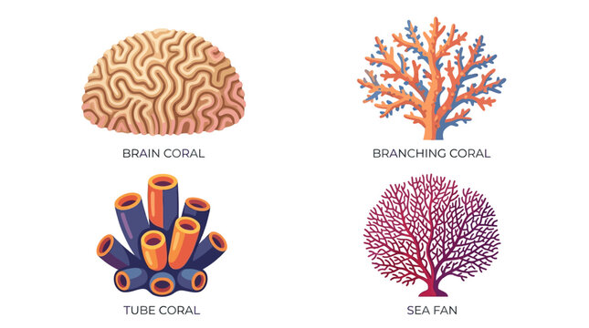 Vector illustrations of four coral types: brain, branching, tube, and sea fan.