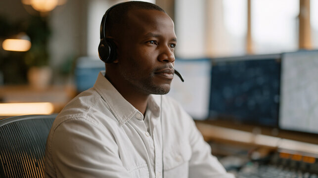 Somali-born taxi dispatcher seated at a radio console in a busy firm office, headset on, updating a dry-erase board showing driver locations across a city grid map, multiple