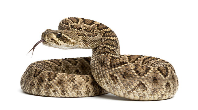 Coiled rattlesnake with forked tongue flicking on white