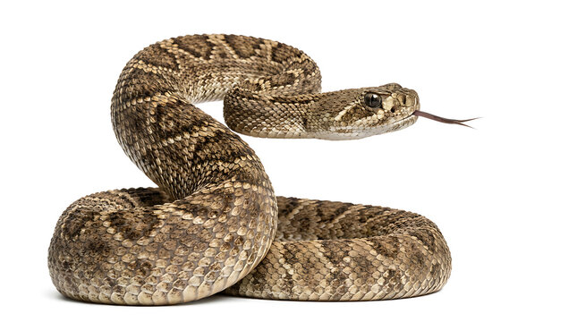 Coiled rattlesnake with forked tongue flicking on white 1