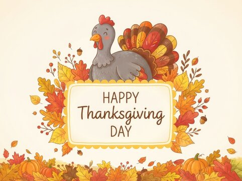Happy thanksgiving day illustration festive turkey with autumn leaves and pumpkins