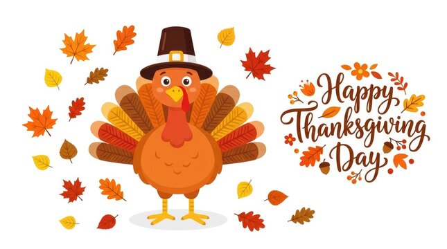 Festive thanksgiving day illustration turkey with pilgrim hat and falling autumn leaves