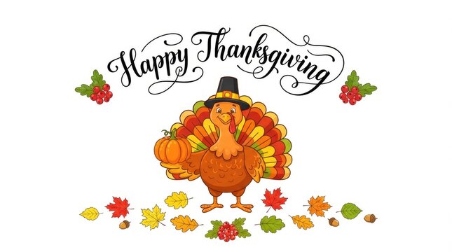 Happy thanksgiving day illustration festive turkey with autumn leaves and seasonal decor