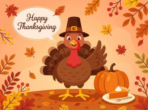 Happy thanksgiving day illustration turkey pumpkin pie and autumn leaves festive greeting
